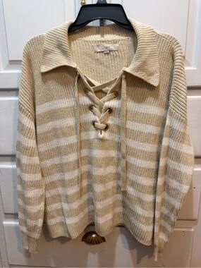 LOFT Cream and White Striped Lace-Up V-Neck Sweater